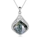 YAFEINI Teardrop Necklace Sterling Silver Filigree Irish Pendant Necklace Natural Stone Moonstone/Lapis Lazuli/Larimar/Moss Agate Necklace Jewelry