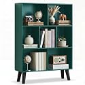 YAHARBO Dark Green Bookshelf,3 Tier Book Shelf with Legs, 7 Cube Minimalist Bookcase,Storage Organizer Shelves Display Bookcases for Bedroom,Living Room