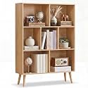 YAHARBO Natural Bookshelf,3 Tier Book Shelf with Legs, 7 Cube Minimalist Bookcase,Storage Organizer Shelves Display Bookcases for Bedroom,Living Room