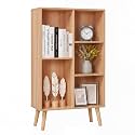 YAHARBO Small Natural Narrow Bookshelf,4 Tier Modern Bookcase with Legs,Bookshelves Wood Storage Shelf,Rustic Book Shelves Cube Organizer,Display Bookcase