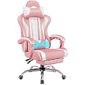 Yaheetech Gaming Chair with Footrest Massage Lumbar Pillow Pink and White