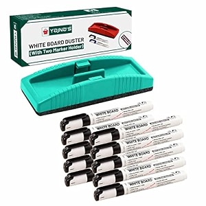 yajnas whiteboard duster amp 10 black markers set  easily erasable ink pens with magnetic eraser  ideal for office school amp home use