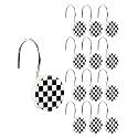 Yalikop Rustic Checkered Shower Curtain Hooks Set of 12 Retro Black and White Round Shower Curtain Rings Modern Decorative Hanger Rings with Metal Hooks for Bathroom Rod and Liner