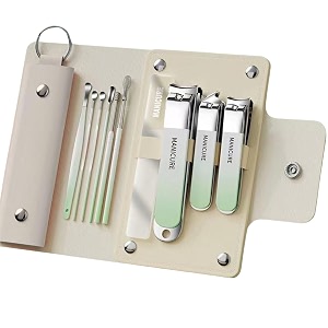 yanci manicure set 10 in 1 stainless steel nail clippers manicure pedicure tools kit - portable travel grooming kit for men amp women with leather case light green