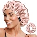 YANIBEST Adjustable Satin Bonnet Double Layer Hair Bonnet for Sleeping Bonnets for Women Hats Curly Natural Hair, Blush Pink