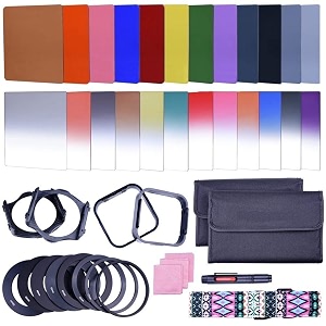 yantralay complete 24-piece square color graduated nd filter kit for dslr cameras - with bundle holder adapter rings lens hood cleaner strap
