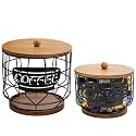 Yarlung 2 Pack Coffee Pod Holder with Lid, Large Capacity K Cup Holder with Rustic Wooden Base, Black Wire Coffee Storage Basket for Filters Capsules, Cafe Bar Organizer