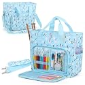 Aeelike Yarn Storage Bag Organizer, Large Crochet Tote Bag, Blue Flower