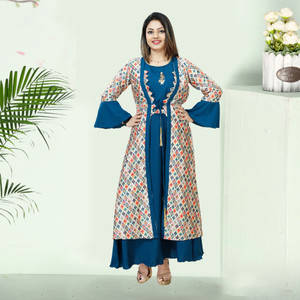 yarnefy floral print organza crepe stitched flareda-line gown light blue