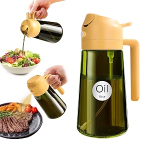 yarramate 16oz470ml 2 in 1 oil sprayer for cooking with stickers dark green food-grade olive oil dispenser bottle for kitchen air fryer grill - light blockage orange
