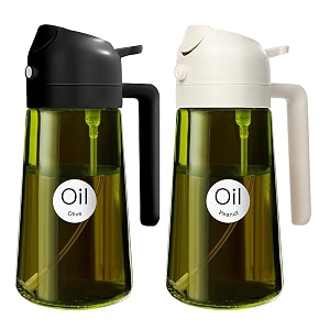 yarramate 2pcs 16oz470ml 2 in 1 oil sprayer for cooking with stickers dark green food-grade olive oil dispenser bottle for kitchen air fryer grill - light blockageblack amp white