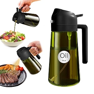 yarramate borosilicate glass 16oz470ml 2 in 1 oil sprayer for cooking with stickers dark green food-grade olive oil dispenser bottle for kitchen air fryer grill - light blockageblack