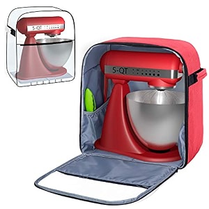 yarwo full-enclosed dust cover compatible for kitchenaid mixer 45-5 quart visible stand mixer cover case with pockets and padded bottom board for kitchen accessories red