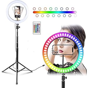 yash company rgb ring light 18 inch with tripod 26 rgbw lighting scenes 3200k-6500k suitable for youtube vlogging shooting party bar dimmable ring lightswith carrying bag