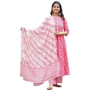 yash gallery women39s cotton floral printed anarkali kurta with pants amp dupatta set