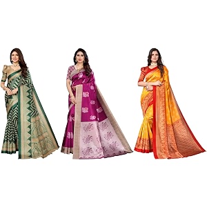 yashika art silk printed with unstitched blouse piece for women combo  new sari  latest saree_pack of 3