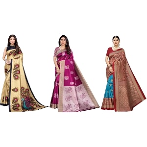 yashika art silk printed with unstitched blouse piece for women combo  new sari  latest saree_pack of 3