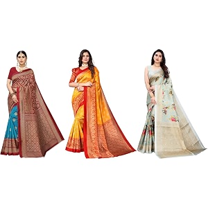 yashika art silk printed with unstitched blouse piece for women combo  new sari  latest saree_pack of 3