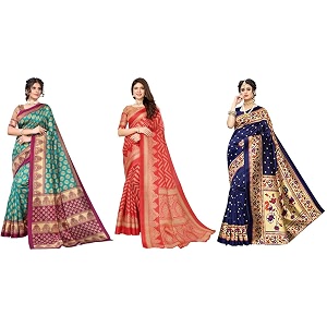 yashika art silk printed with unstitched blouse piece for women combo  new sari  latest saree_pack of 3