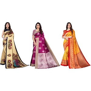 yashika art silk printed with unstitched blouse piece for women combo  new sari  latest saree_pack of 3