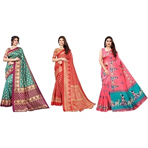 yashika art silk printed with unstitched blouse piece for women combo  new sari  latest saree_pack of 3