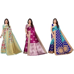 yashika art silk printed with unstitched blouse piece for women combo  new sari  latest saree_pack of 3