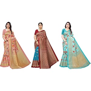 yashika art silk printed with unstitched blouse piece for women combo  new sari  latest saree_pack of 3
