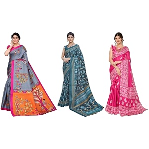 yashika art silk printed with unstitched blouse piece for women combo  new sari  latest saree_pack of 3