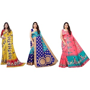 yashika art silk printed with unstitched blouse piece for women combo  new sari  latest saree_pack of 3