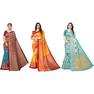 yashika art silk printed with unstitched blouse piece for women combo  new sari  latest saree_pack of 3