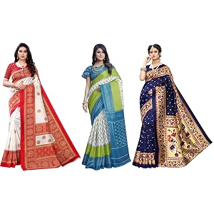 yashika art silk printed with unstitched blouse piece for women combo  new sari  latest saree_pack of 3
