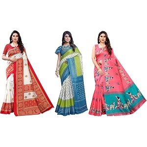 yashika art silk printed with unstitched blouse piece for women combo  new sari  latest saree_pack of 3
