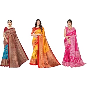 yashika art silk printed with unstitched blouse piece for women combo  new sari  latest saree_pack of 3