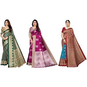 yashika art silk printed with unstitched blouse piece for women combo  new sari  latest saree_pack of 3