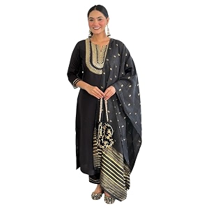 Yashika Womens Black Embroidered Cotton Slub Fabric