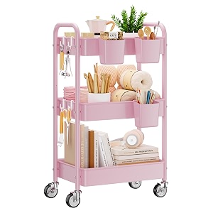 yasonic 3 tier rolling cart heavy duty metal utility cart with wheel pink