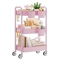 YASONIC 3 Tier Rolling Cart, Heavy Duty Metal Utility Cart with Wheel Pink