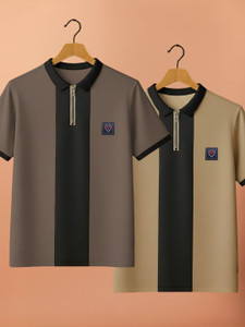 Yazole Self Design Men Zip Neck Brown