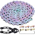 YBEKI 6/7/8/9/10/11 Speed Carbon Steel Bike Chain with Full Silver Plating, 116 Links, 3 Extra Master Links &amp; Chain Tool - Compatible with Shimano/SRAM Mountain, Road (9 Speed, Multicolour, 1)