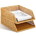 Yeaqee 2 Pcs Paper Tray Organizer for Desk Woven Letter File Organizer A4 File Tray Desk Paper Basket Letter Size Imitation Rattan Holder Organization Rack for Office Storage(Brown,Sleek Style)