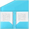 Yeaqee 60 Pcs Plastic Folders with Pockets and Prongs Plastic Folder 2 Pockets 3 Prongs with Card Slot for Office, School for Students, Teachers, Office Workers (Light Blue)