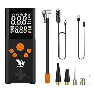 smart tyre inflator with 6000mah battery works on battery amp dc for cars bikes smart phone power bank  upto 150 psi  dual display  led light  auto cut-off  multiple nozzles wc16