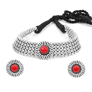 yellow chimes classic german silver oxidised jewellery set traditional choker necklace set for women and girls