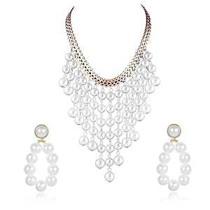 yellow chimes latest fashion golden white crystal pearls multilayer long pearl choker necklace set with earrings jewellery set for women amp girls