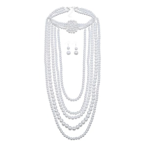 yellow chimes latest fashion golden white crystal pearls multilayer long pearl choker necklace set with earrings jewellery set for women amp girls