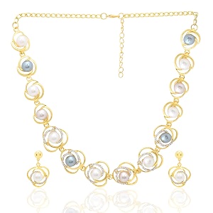 yellow chimes latest fashion golden white crystal pearls multilayer long pearl choker necklace set with earrings jewellery set for women amp girls