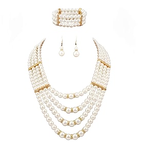 yellow chimes latest fashion golden white crystal pearls multilayer long pearl choker necklace set with earrings jewellery set for women amp girls