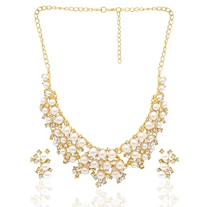 yellow chimes latest fashion golden white crystal pearls multilayer long pearl choker necklace set with earrings jewellery set for women amp girls