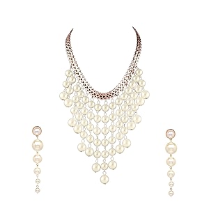 yellow chimes latest fashion golden white crystal pearls multilayer long pearl choker necklace set with earrings jewellery set for women amp girls