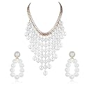 Yellow Chimes Latest Fashion Golden White Crystal Pearls Multilayer Long Pearl Choker Necklace Set with Earrings Jewellery Set for Women &amp; Girls